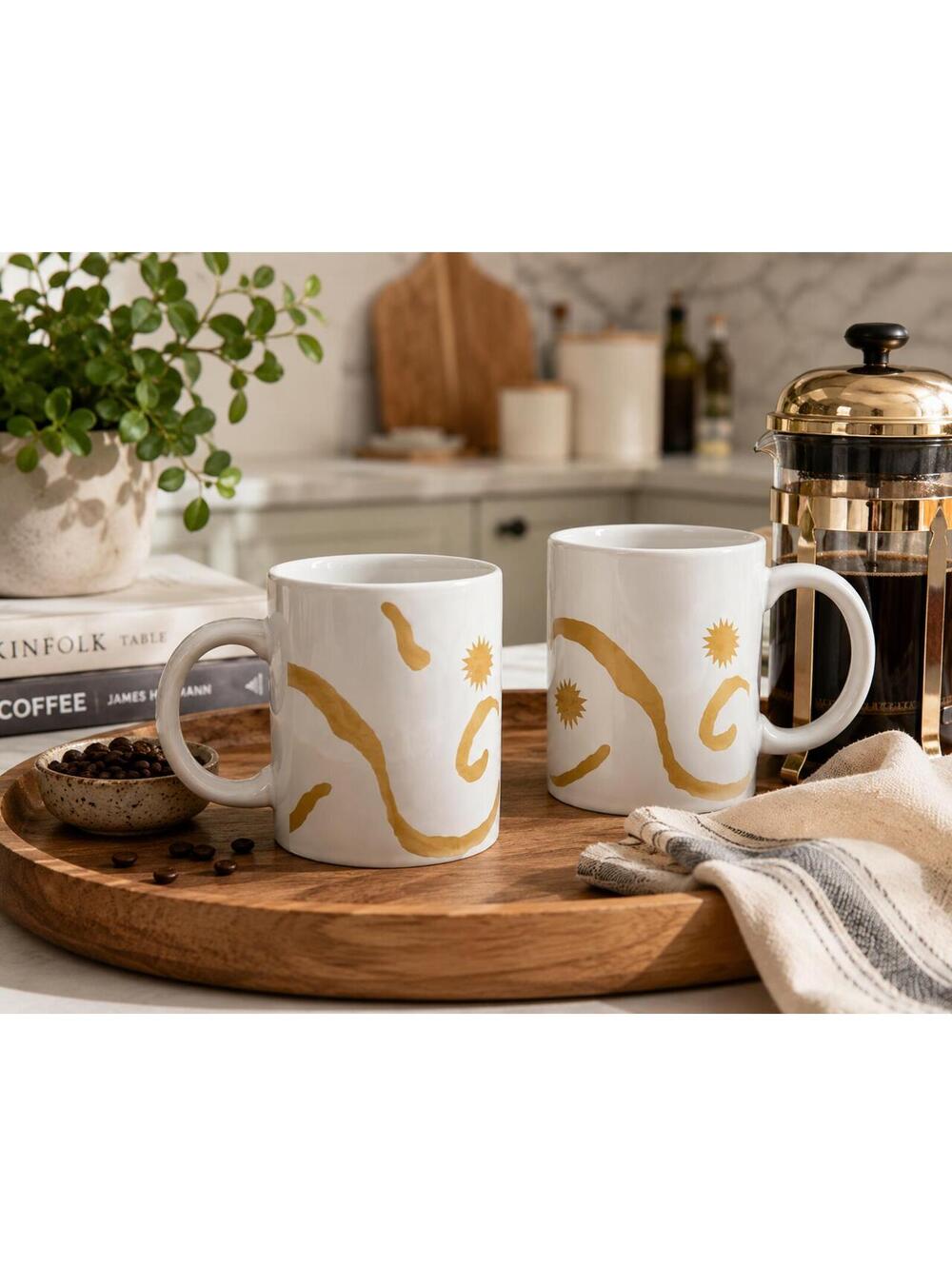 2 Vintage Oscar de la Renta Abstract Gold Swirl Star Graphic White Ceramic Mugs